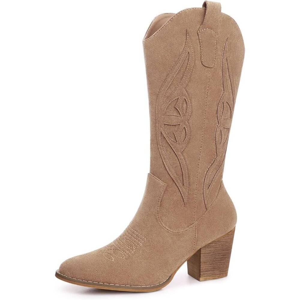 Women 1828-khaki Suede leather Embroidered Country Heel Pointed Toe Booties